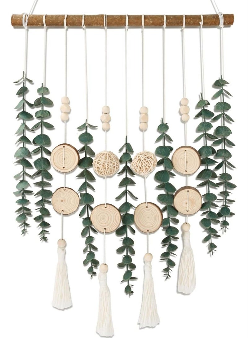 عش الحضري معلق حائطي من المكرميه لعرض الصور، ومنظم لبطاقات الصور وإكسسوارات الشعر مع كرات من الخوص على شكل أوراق، ديكور حائطي يدوي من النباتات الطبيعية على طراز بوهو، هدية - Image 1